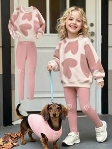 Conjunto de 2 piezas para niñas jóvenes: Sudadera holgada de cuello redondo con manga larga y estampado de corazones rosas + Pantalones anchos a juego en color rosa, atuendo casual lindo y elegante para uso diario, otoño/invierno - Rosa Pálido - Ver 1