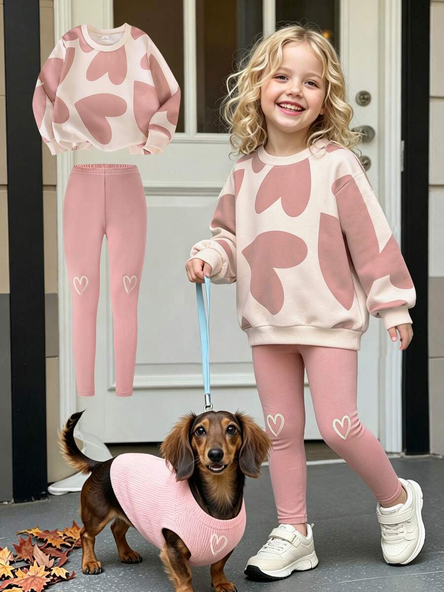 Conjunto de 2 piezas para niñas jóvenes: Sudadera holgada de cuello redondo con manga larga y estampado de corazones rosas + Pantalones anchos a juego en color rosa, atuendo casual lindo y elegante para uso diario, otoño/invierno - Rosa Pálido - Ver 1