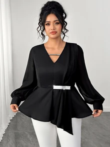 Elenzga Blus Wanita Ukuran Plus Elegan, Pas Badan, Serbaguna, Berkerah V, Detail Kerutan, Jala Kontras, Lengan Panjang, Cocok untuk Musim Semi dan Gugur - Hitam - View 4
