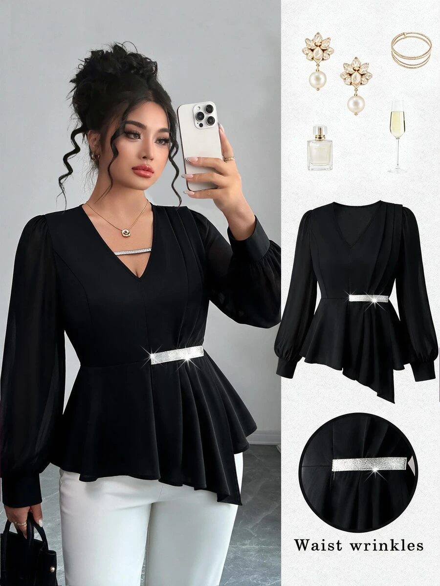 Elenzga Blus Wanita Ukuran Plus Elegan, Pas Badan, Serbaguna, Berkerah V, Detail Kerutan, Jala Kontras, Lengan Panjang, Cocok untuk Musim Semi dan Gugur - Hitam - View 1