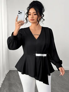 Elenzga Blus Wanita Ukuran Plus Elegan, Pas Badan, Serbaguna, Berkerah V, Detail Kerutan, Jala Kontras, Lengan Panjang, Cocok untuk Musim Semi dan Gugur - Hitam - View 6