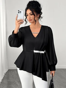 Elenzga Blus Wanita Ukuran Plus Elegan, Pas Badan, Serbaguna, Berkerah V, Detail Kerutan, Jala Kontras, Lengan Panjang, Cocok untuk Musim Semi dan Gugur - Hitam - View 3