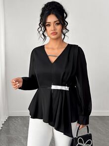 Elenzga Blus Wanita Ukuran Plus Elegan, Pas Badan, Serbaguna, Berkerah V, Detail Kerutan, Jala Kontras, Lengan Panjang, Cocok untuk Musim Semi dan Gugur - Hitam - View 7