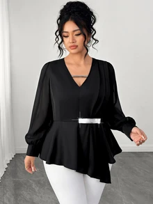 Elenzga Blus Wanita Ukuran Plus Elegan, Pas Badan, Serbaguna, Berkerah V, Detail Kerutan, Jala Kontras, Lengan Panjang, Cocok untuk Musim Semi dan Gugur - Hitam - View 5