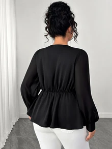 Elenzga Blus Wanita Ukuran Plus Elegan, Pas Badan, Serbaguna, Berkerah V, Detail Kerutan, Jala Kontras, Lengan Panjang, Cocok untuk Musim Semi dan Gugur - Hitam - View 2