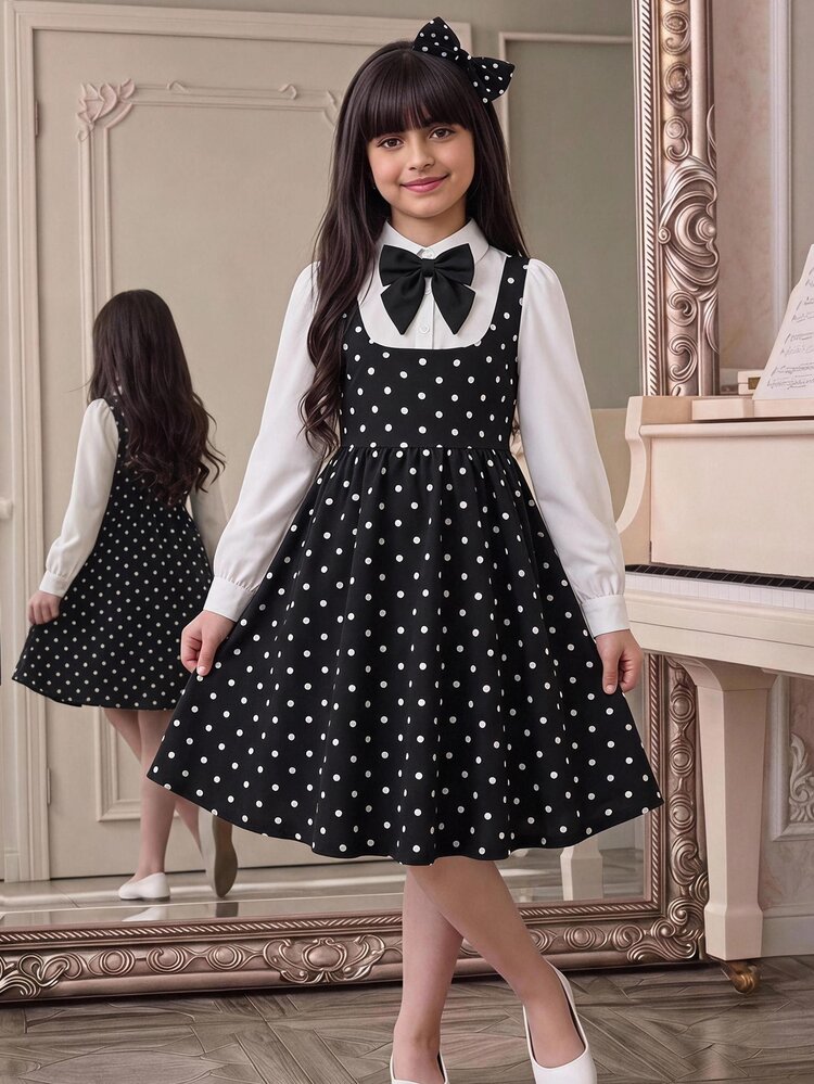 SHEIN Kids Tween Girl 2-In-1 Black Long Sleeve Shirt Collar Dress With Tie, Preppy Uniform Back To School - Black - View 5