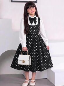 SHEIN 兒童青少年女孩 2-in-1 黑色長袖領口連身裙附領結，學院風校服返校穿搭 - 黑色 - 查看 2