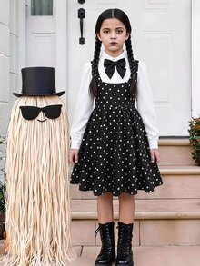 SHEIN 兒童青少年女孩 2-in-1 黑色長袖領口連身裙附領結，學院風校服返校穿搭 - 黑色 - 查看 1