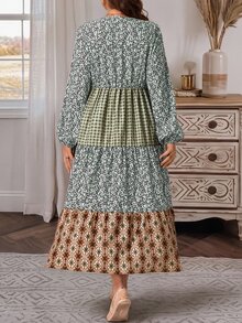 EMERY ROSE Plus Size Printed V-Neck Lantern Sleeve Button Front Ruffle Casual Cottage Core Boho Dress Autumn 2026 Vacation Sage Green Fall - Multicolor - View 3