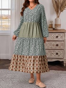 EMERY ROSE Plus Size Printed V-Neck Lantern Sleeve Button Front Ruffle Casual Cottage Core Boho Dress Autumn 2026 Vacation Sage Green Fall - Multicolor - View 6