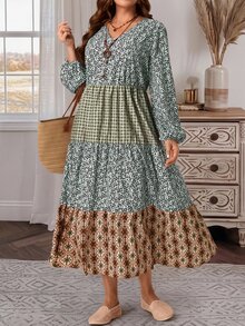EMERY ROSE Plus Size Printed V-Neck Lantern Sleeve Button Front Ruffle Casual Cottage Core Boho Dress Autumn 2026 Vacation Sage Green Fall - Multicolor - View 7