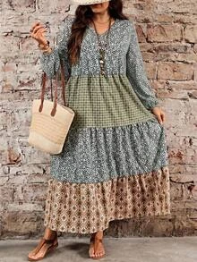 EMERY ROSE Plus Size Printed V-Neck Lantern Sleeve Button Front Ruffle Casual Cottage Core Boho Dress Autumn 2026 Vacation Sage Green Fall - Multicolor - View 2