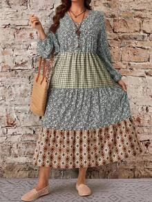 EMERY ROSE Plus Size Printed V-Neck Lantern Sleeve Button Front Ruffle Casual Cottage Core Boho Dress Autumn 2026 Vacation Sage Green Fall - Multicolor - View 1