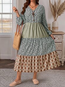 EMERY ROSE Plus Size Printed V-Neck Lantern Sleeve Button Front Ruffle Casual Cottage Core Boho Dress Autumn 2026 Vacation Sage Green Fall - Multicolor - View 4