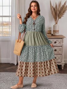 EMERY ROSE Plus Size Printed V-Neck Lantern Sleeve Button Front Ruffle Casual Cottage Core Boho Dress Autumn 2026 Vacation Sage Green Fall - Multicolor - View 8