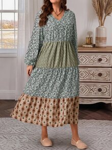 EMERY ROSE Plus Size Printed V-Neck Lantern Sleeve Button Front Ruffle Casual Cottage Core Boho Dress Autumn 2026 Vacation Sage Green Fall - Multicolor - View 5