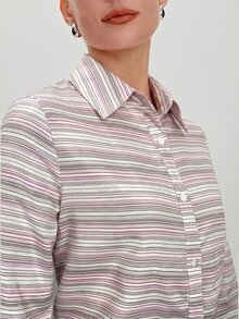 BizChic 粉色與白色條紋女款襯衫，秋季翻領前開襟單排扣，優雅簡約休閒，適合辦公商務、萬聖節、教堂場合 - 粉色 - 查看 4