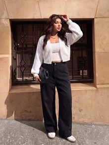 Elaquor Plus Size Women Solid Color Casual Smart Loose Fit Traditional Versatile Daily Wear Formal Holiday Long Sleeve Cardigan Fall All White Evening - White - View 2