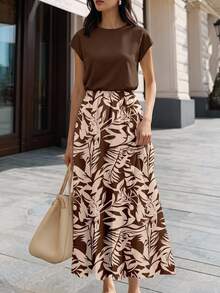 Rusticease 2pcs Women's Vacation Casual Tropical Solid Color Top+Printed Skirt Set, Summer Outfit, And Top Printed Vacation Brown Brown Floral - Multicolor - View 2