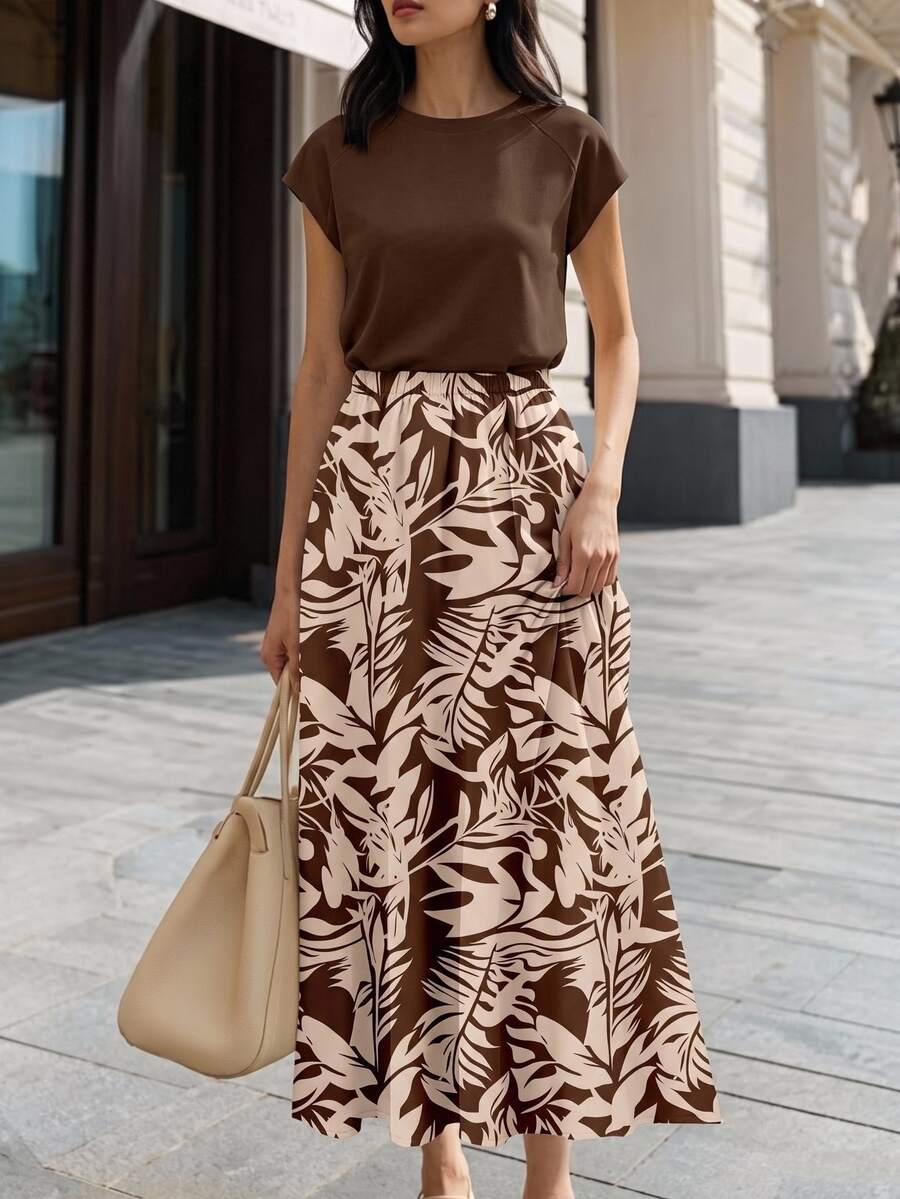 Rusticease 2pcs Women's Vacation Casual Tropical Solid Color Top+Printed Skirt Set, Summer Outfit, And Top Printed Vacation Brown Brown Floral