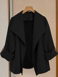SHEIN CURVE+ Plus Size Women's Solid Color Plus Size Collar Casual Trench Coat Fall - Black - View 5