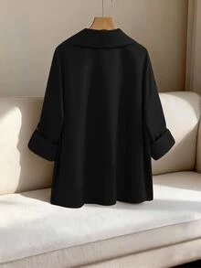 SHEIN CURVE+ Plus Size Women's Solid Color Plus Size Collar Casual Trench Coat Fall - Black - View 4