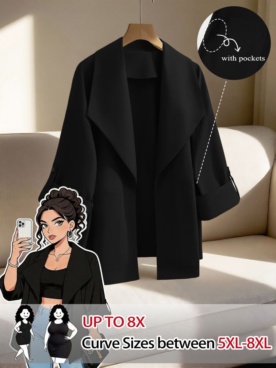 SHEIN CURVE+ Plus Size Women's Solid Color Plus Size Collar Casual Trench Coat Fall - Black - View 1