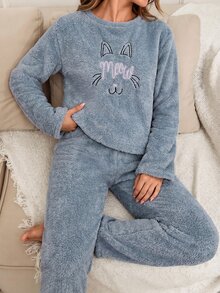 SHEIN Fuzzy Plush Cat Face Cartoon Embroidery Round Neck Long Sleeve Pajama Set - Blue - View 3