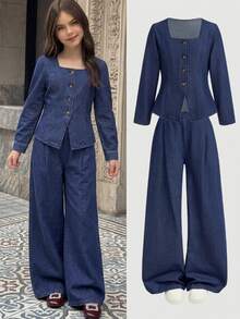 SHEIN Firerie Kids Tween Girl Tween Girls Denim Two-Piece Outfits - Blue - View 1