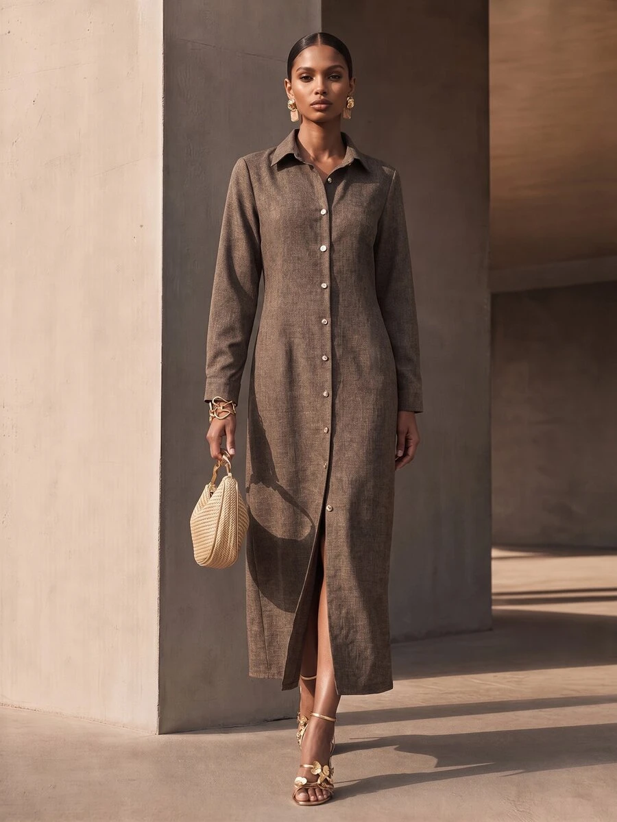 Vesra Women's Solid Color Long Sleeve Single-Breasted Casual Shirt Dress - Brown - View 1