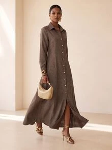 Vesra Women's Solid Color Long Sleeve Single-Breasted Casual Shirt Dress - Brown - View 5