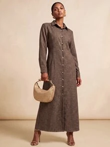 Vesra Women's Solid Color Long Sleeve Single-Breasted Casual Shirt Dress - Brown - View 6