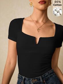 Poéselle 女款 T-shirt，100% 棉高彈力針織純色 V 領短袖休閒性感上衣，約會外出黑色夏季款 - 黑色 - 查看 1