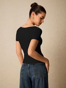 Poéselle 女款 T-shirt，100% 棉高彈力針織純色 V 領短袖休閒性感上衣，約會外出黑色夏季款 - 黑色 - 查看 2