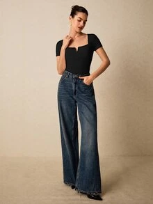 Poéselle 女款 T-shirt，100% 棉高彈力針織純色 V 領短袖休閒性感上衣，約會外出黑色夏季款 - 黑色 - 查看 5