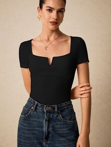 Poéselle 女款 T-shirt，100% 棉高彈力針織純色 V 領短袖休閒性感上衣，約會外出黑色夏季款 - 黑色 - 查看 4