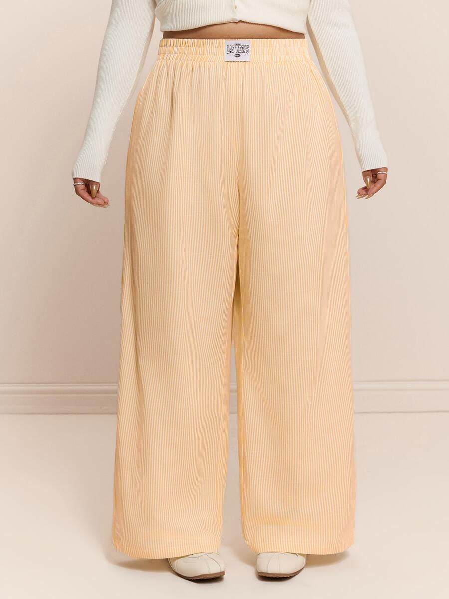 CovetEZ New Yellow Striped Comfortable Cotton Blend Casual Plus Size Wide Leg Pants Fall - Yellow - View 1