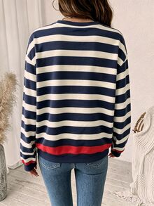 SHEIN LUNE 女款海軍藍條紋蝴蝶結圓領拼接色塊運動衫，秋季返校穿搭，條紋上衣，藍色上衣 - 白色 - 查看 5