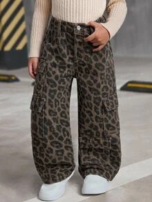 SHEIN 女童豹紋牛仔寬鬆工裝褲 - 棕色 - 查看 11