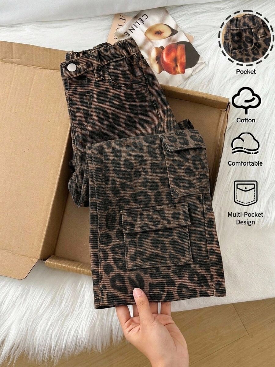 SHEIN 女童豹紋牛仔寬鬆工裝褲 - 棕色 - 查看 1