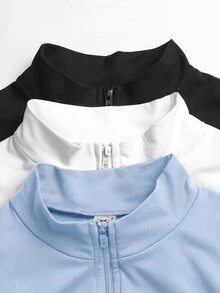 SHEIN Girlism 青少年女孩休閒街頭風極簡黑白針織長袖T恤，彈性拉鍊領修身款，秋冬拉鍊外套 - 藍色 - 查看 3