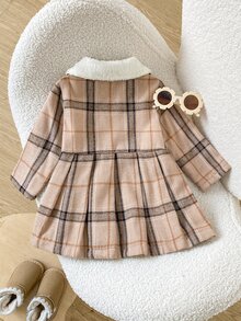 SHEIN Playful Pals 女嬰人造毛領格紋蝴蝶結夾克，秋冬款 - 卡其色 - 查看 2