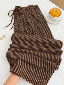 Comfortcana 大尺碼女款棕白條紋休閒柔軟修身抽繩長褲，秋季居家服曲線睡褲下裝，感恩節生日禮物 - 棕色 - 查看 1