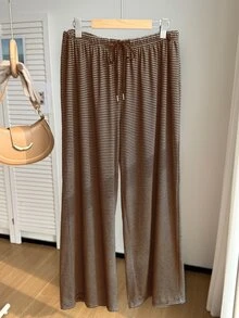 Comfortcana 大尺碼女款棕白條紋休閒柔軟修身抽繩長褲，秋季居家服曲線睡褲下裝，感恩節生日禮物 - 棕色 - 查看 3