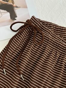 Comfortcana 大尺碼女款棕白條紋休閒柔軟修身抽繩長褲，秋季居家服曲線睡褲下裝，感恩節生日禮物 - 棕色 - 查看 6