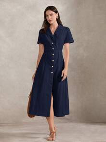 Briarwyn Women's Solid Color Casual Elegant French Modest Elegance Party Office Long Dress Teachers' Day Navy Blue Summer - Navy Blue - View 3