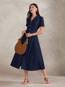 Briarwyn Women's Solid Color Casual Elegant French Modest Elegance Party Office Long Dress Teachers' Day Navy Blue Summer - Navy Blue - View 4