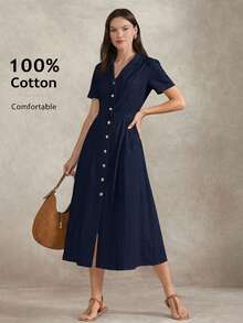 Briarwyn Women's Solid Color Casual Elegant French Modest Elegance Party Office Long Dress Teachers' Day Navy Blue Summer - Navy Blue - View 7