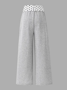 SHEIN Kids Tween Girl Knit Solid Color Patchwork Polka Dot Loose Straight Leg Casual Pants Fall Clothes - Grey - View 3