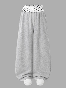 SHEIN Kids Tween Girl Knit Solid Color Patchwork Polka Dot Loose Straight Leg Casual Pants Fall Clothes - Grey - View 2